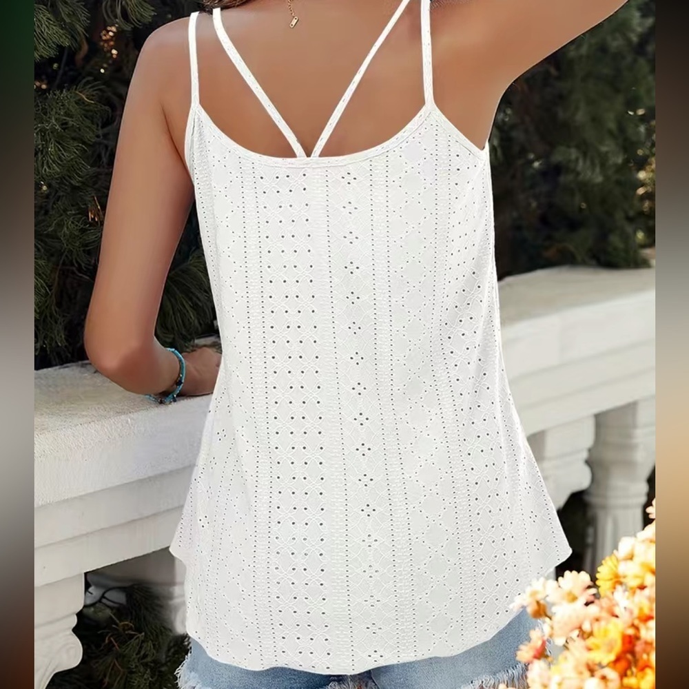 New eyelet Lettuce Trim Cami Top, Casual Sleeveless Scoop Neck Versatile Cami - Picture 2 of 2
